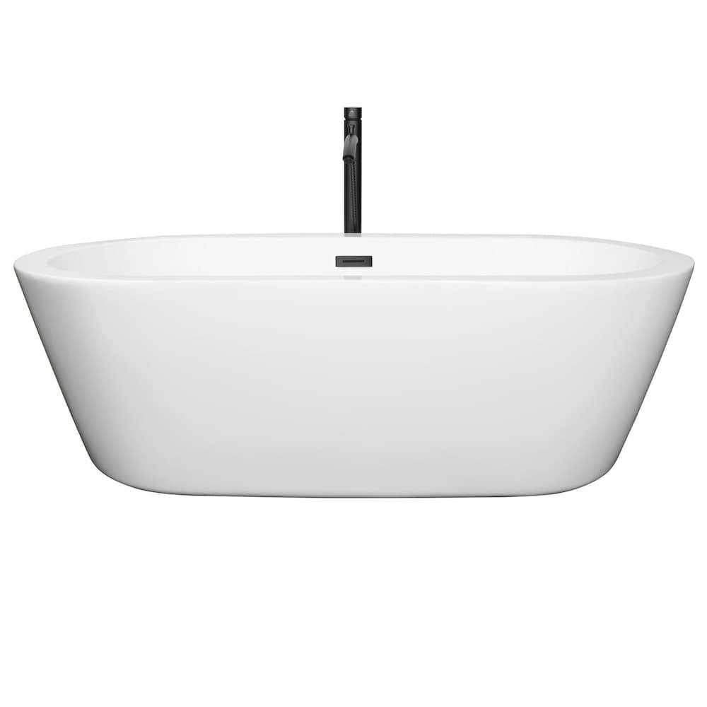 Baignoire autoportante Mermaid de 71 pouces en blanc avec robinet, drain et garniture de trop-plein en noir mat