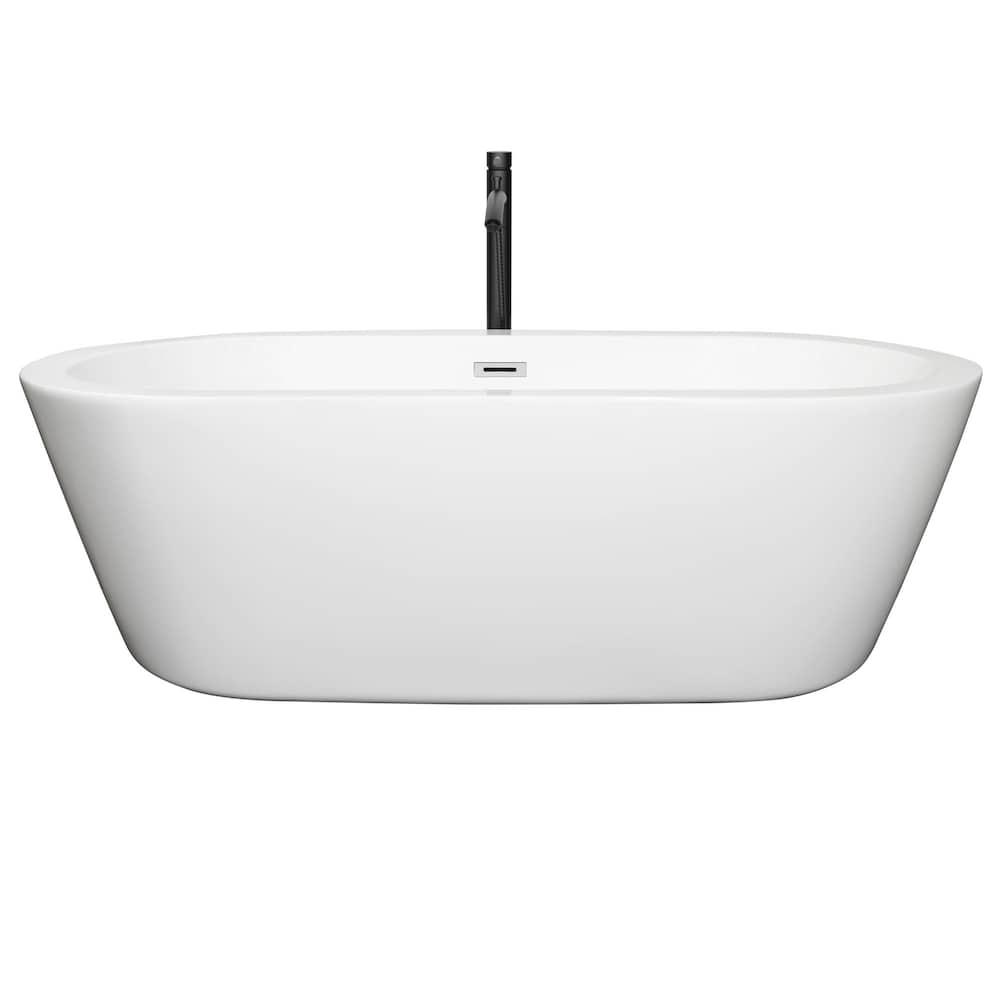Baignoire autoportante Mermaid de 71 pouces en blanc avec garniture en chrome poli et robinet en noir mat
