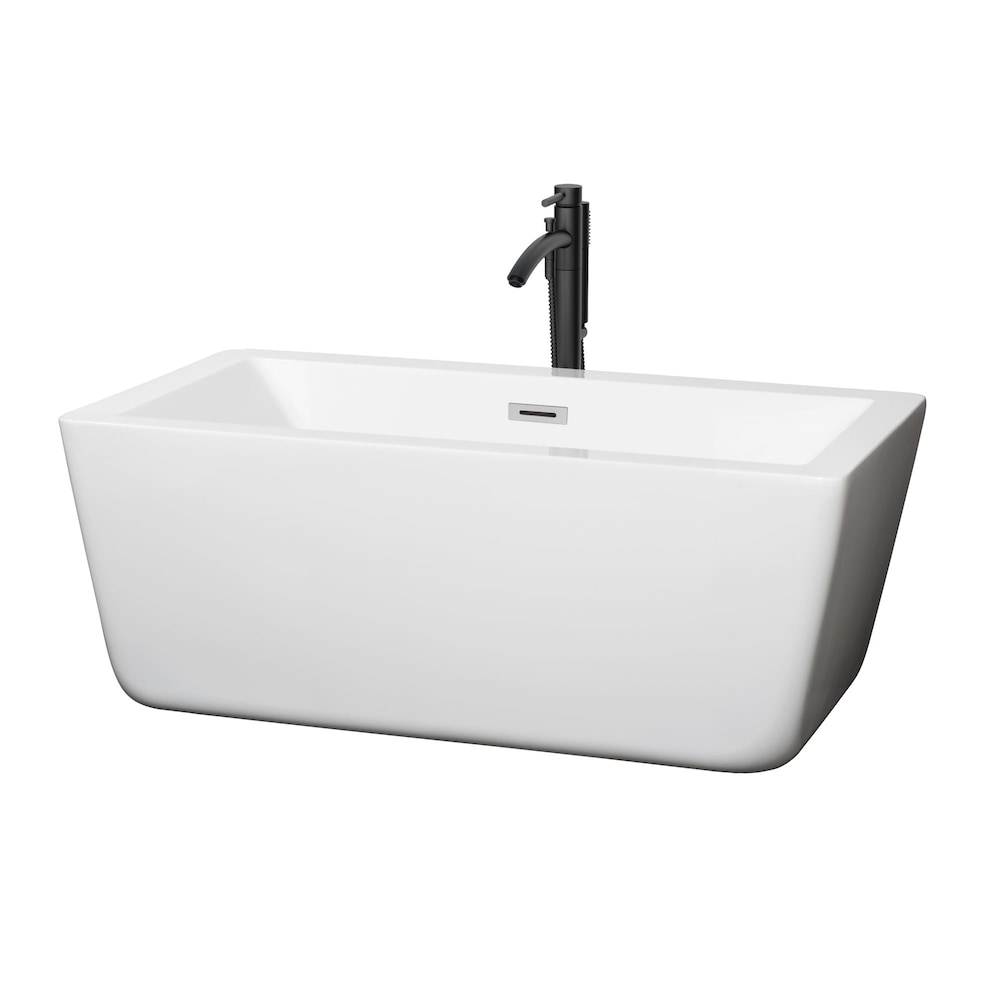 Laura 59 inch Freestanding Bathtub in White with Polished Chrome Trim and Faucet in Matte Black