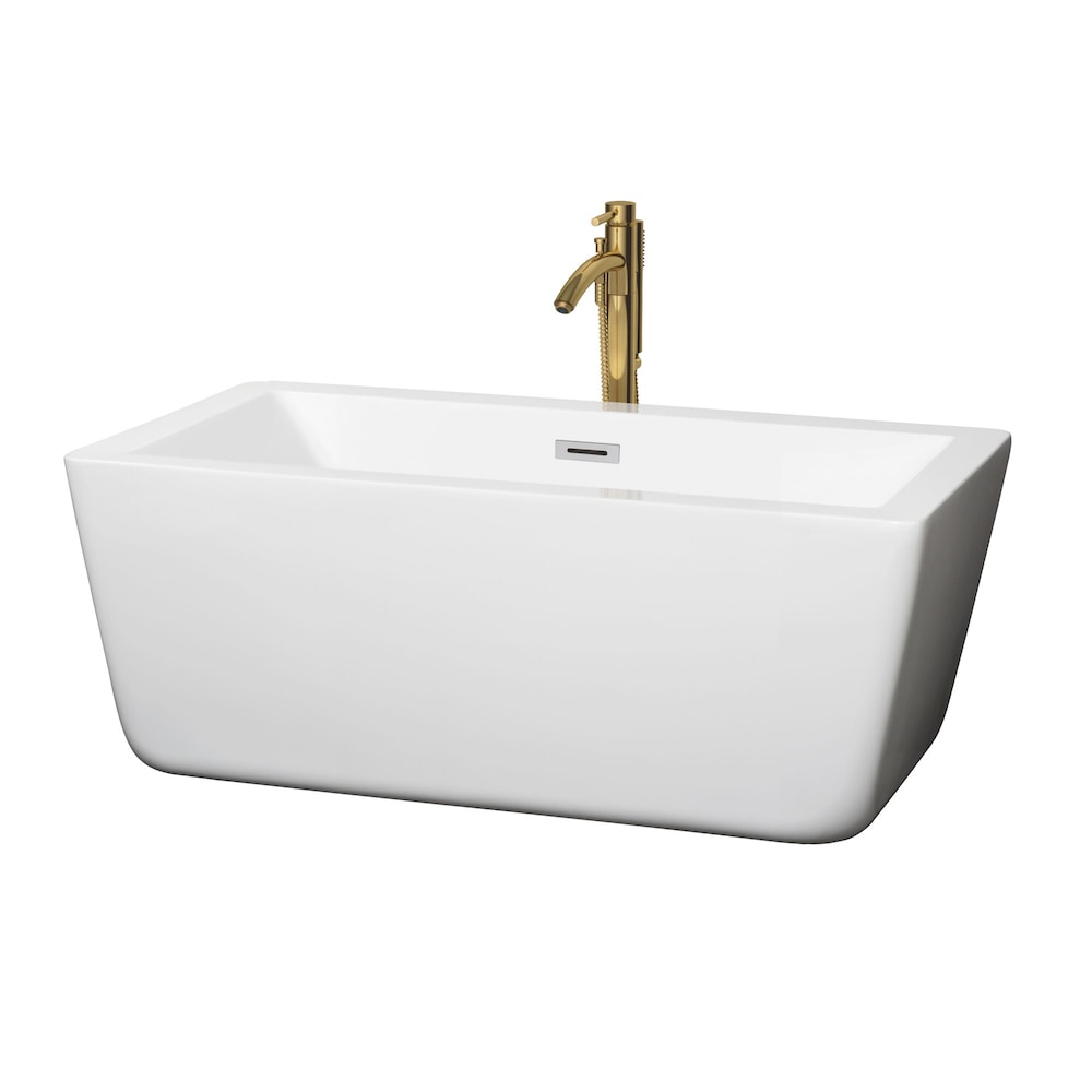 Baignoire autoportante Laura de 59 pouces en blanc avec garniture en chrome poli et robinet en or brossé