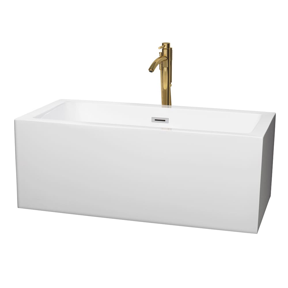 Baignoire autoportante Melody de 60 pouces en blanc avec garniture en chrome poli et robinet en or brossé