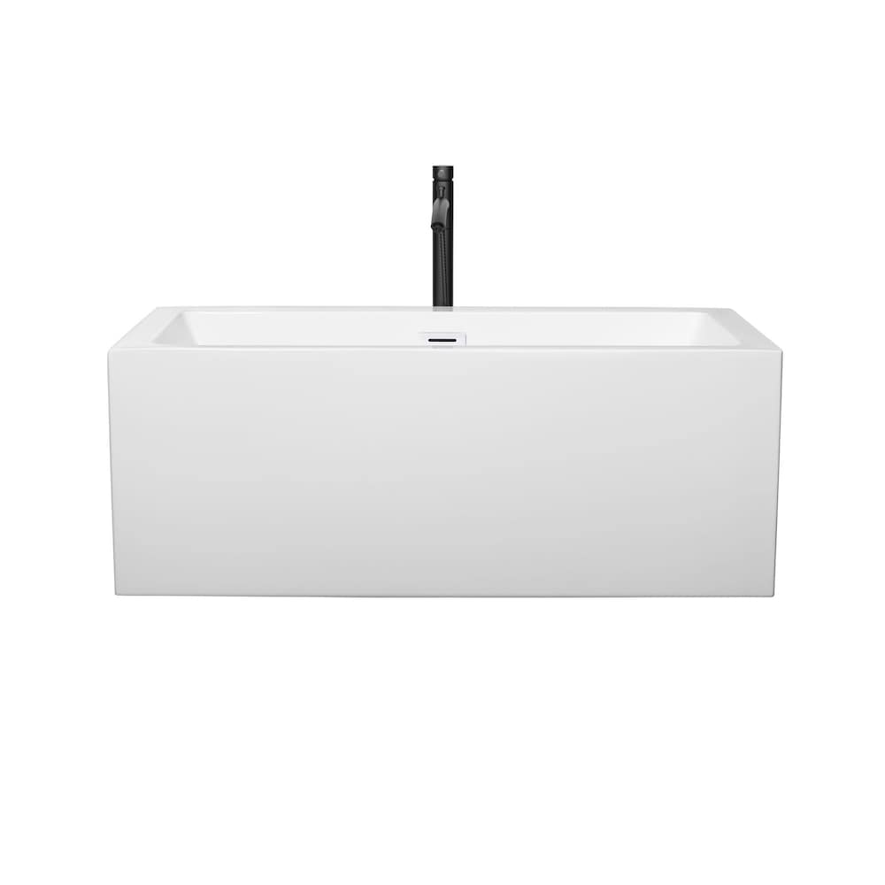 Melody 60 inch Freestanding Bathtub in White with Shiny White Trim and Faucet in Matte Black