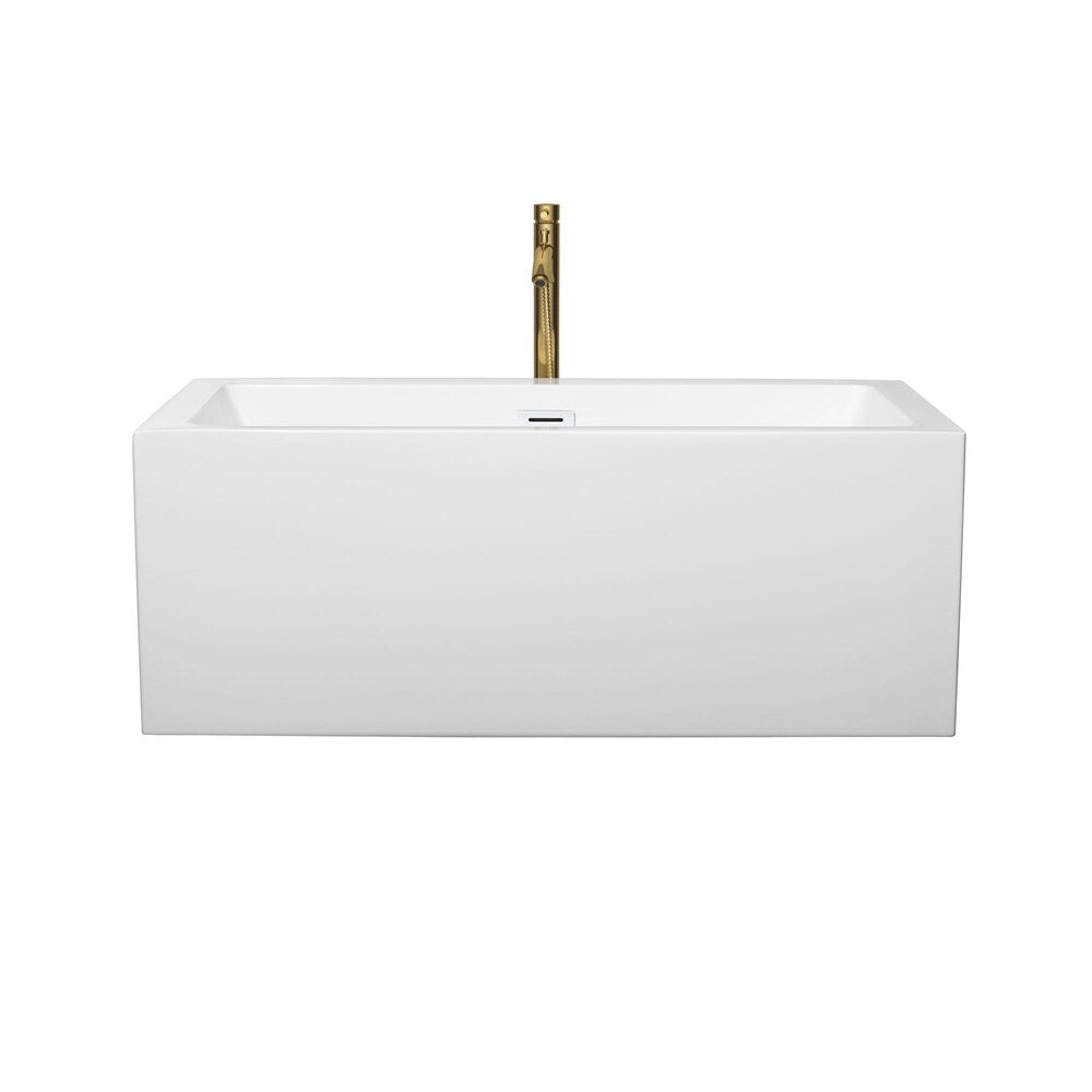 Baignoire autoportante Melody de 60 pouces en blanc avec garniture blanche brillante et robinet en or brossé