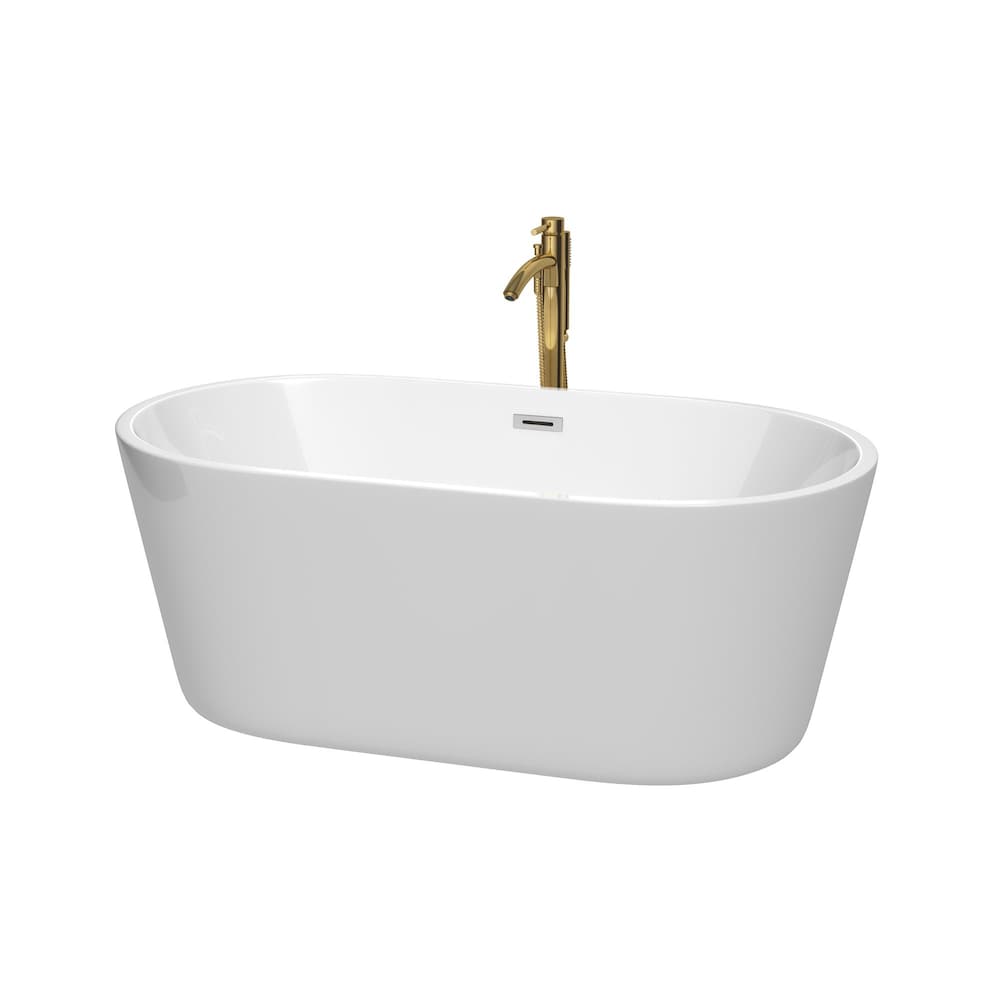 Carissa 60 inch Freestanding Bathtub in White with Polished Chrome Trim and Faucet in Brushed Gold