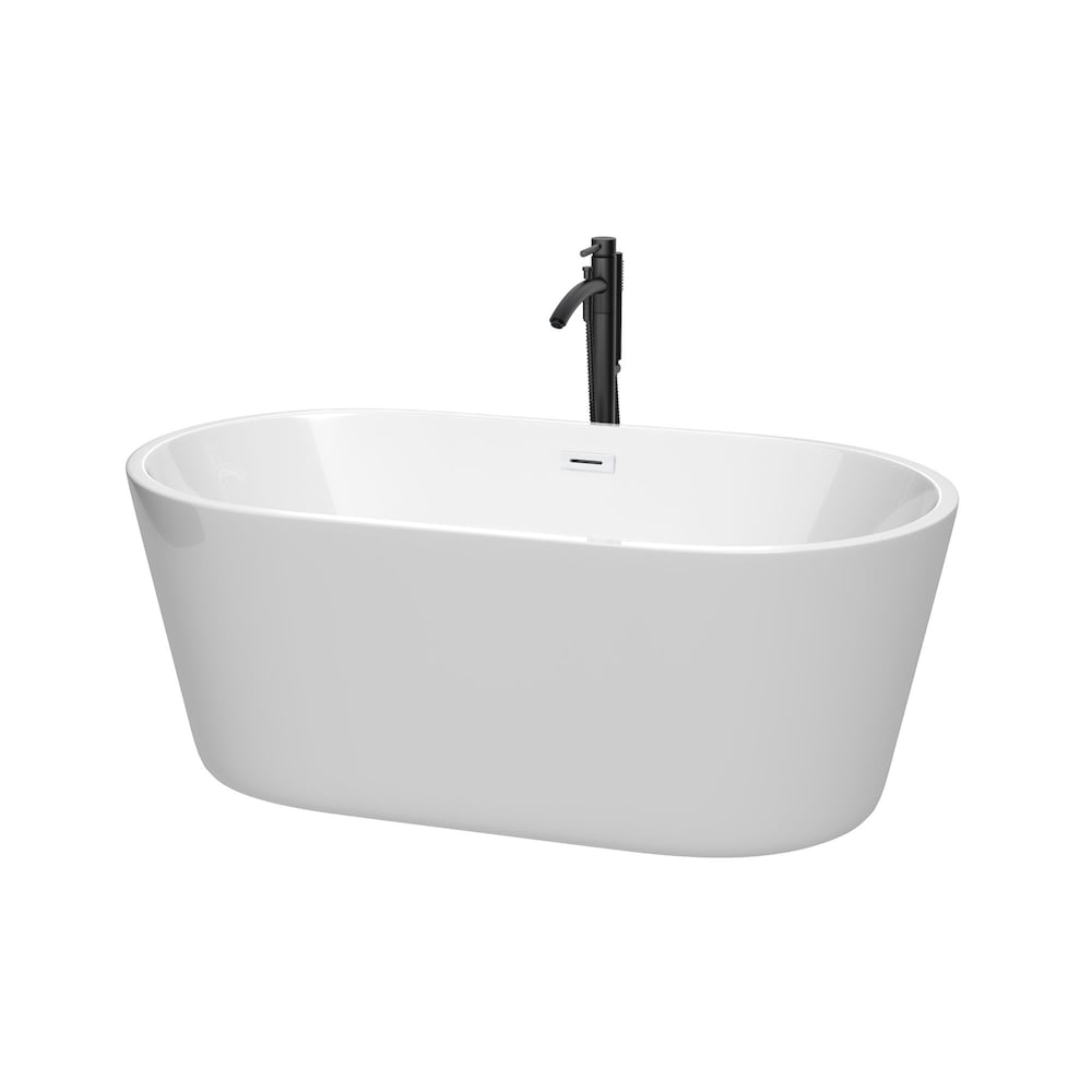 Carissa 60 inch Freestanding Bathtub in White with Shiny White Trim and Faucet in Matte Black
