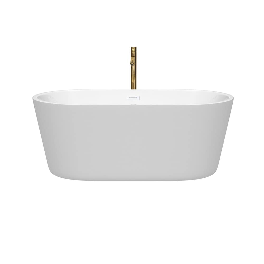 Carissa 60 inch Freestanding Bathtub in White with Shiny White Trim and Faucet in Brushed Gold