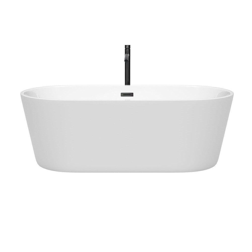 Baignoire autoportante Carissa de 67 pouces en blanc avec robinet, drain et garniture de trop-plein en noir mat