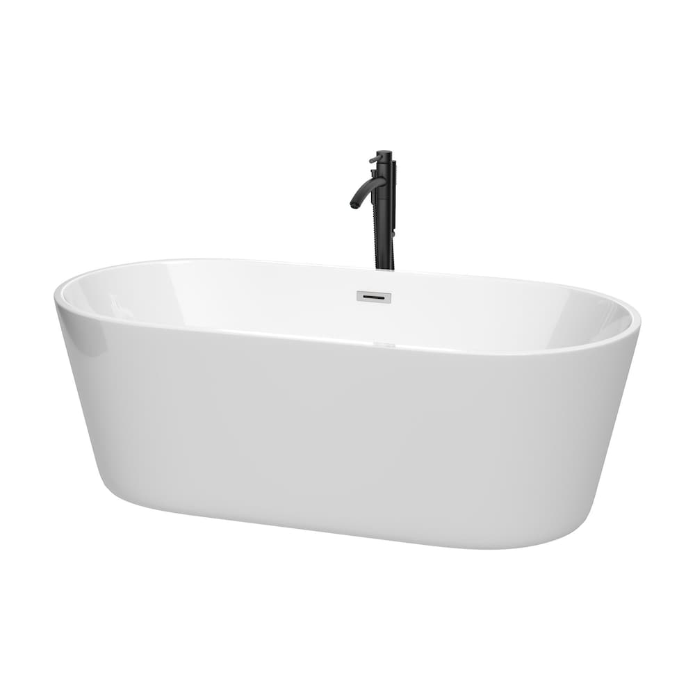 Baignoire autoportante Carissa de 67 pouces en blanc avec garniture en chrome poli et robinet en noir mat