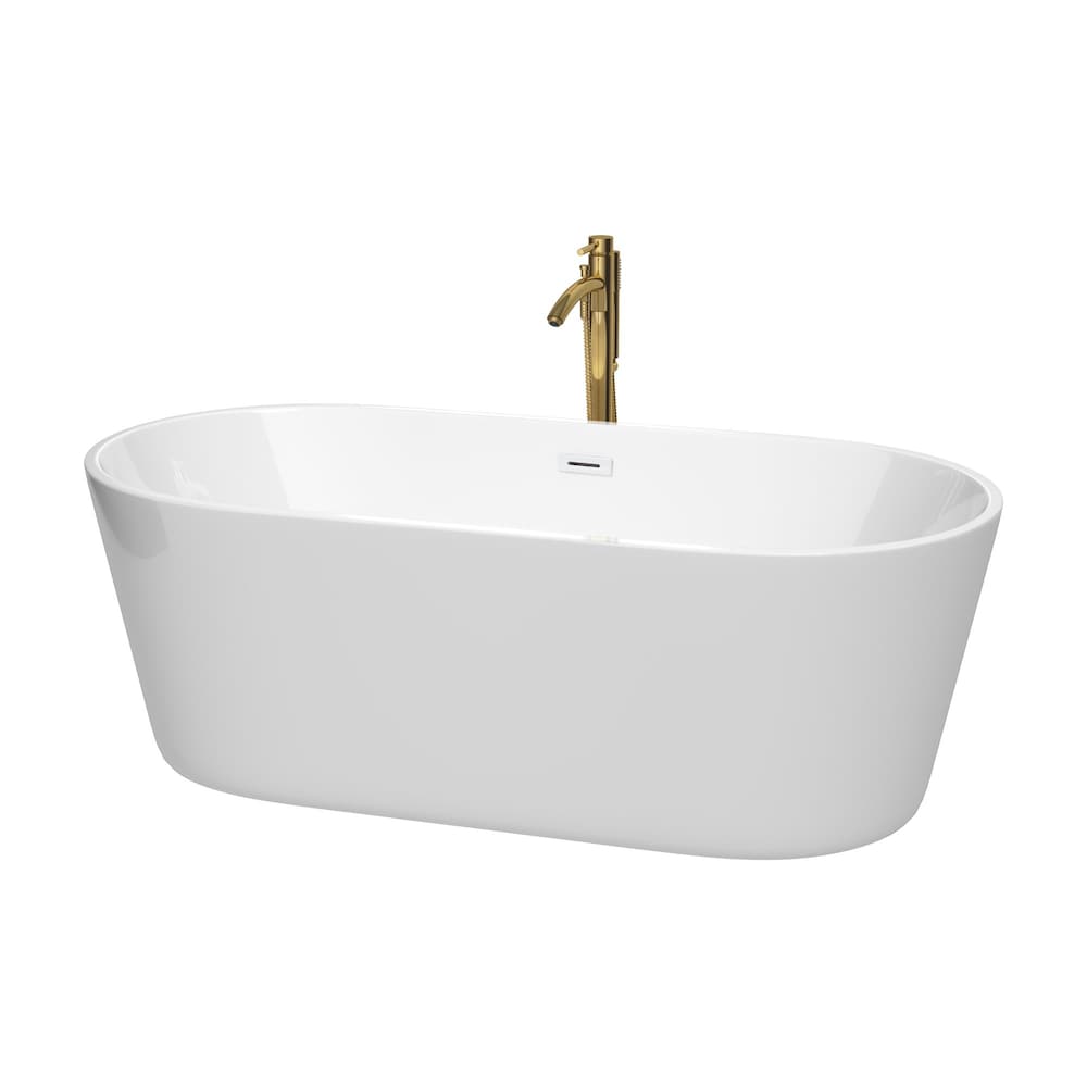 Carissa 67 inch Freestanding Bathtub in White with Shiny White Trim and Faucet in Brushed Gold