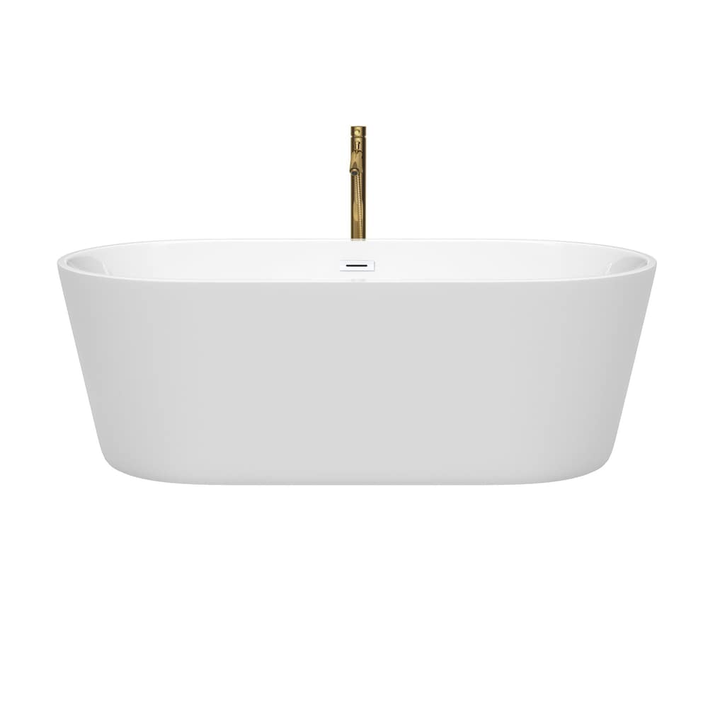 Baignoire autoportante Carissa de 67 pouces en blanc avec garniture blanche brillante et robinet en or brossé
