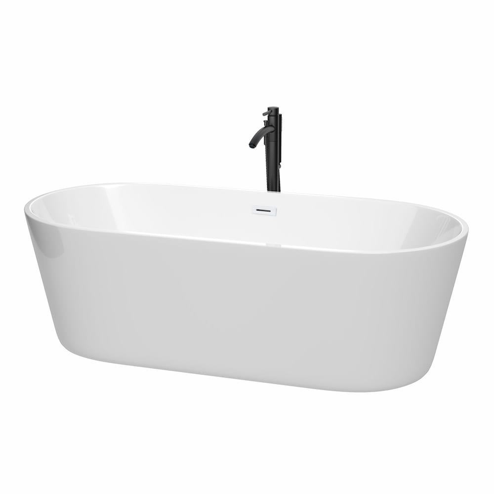 Carissa 71 inch Freestanding Bathtub in White with Shiny White Trim and Faucet in Matte Black