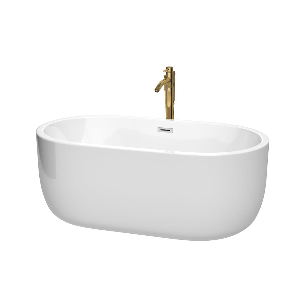 Baignoire autoportante Juliette de 60 pouces en blanc avec garniture en chrome poli et robinet en or brossé