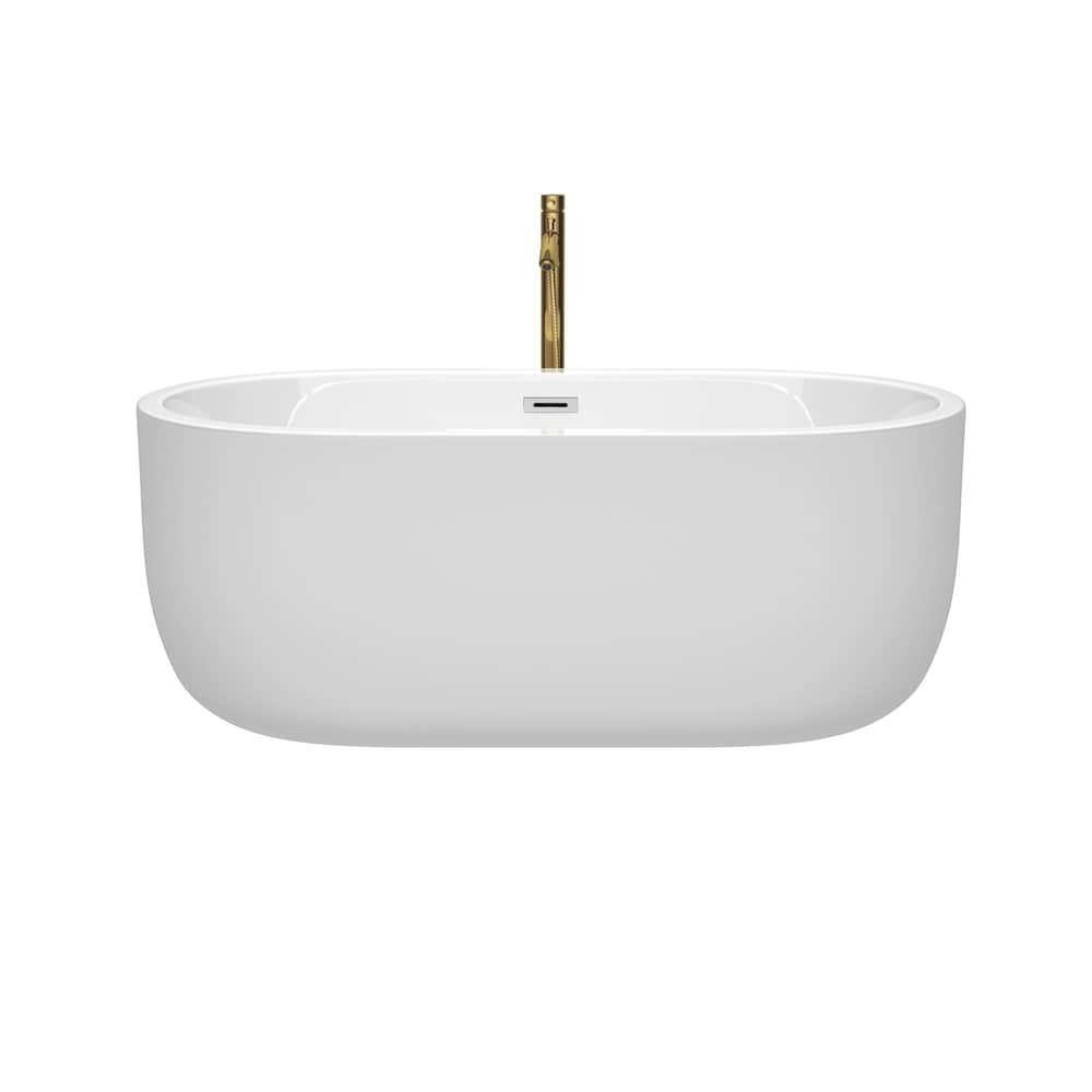 Baignoire autoportante Juliette de 60 pouces en blanc avec garniture en chrome poli et robinet en or brossé