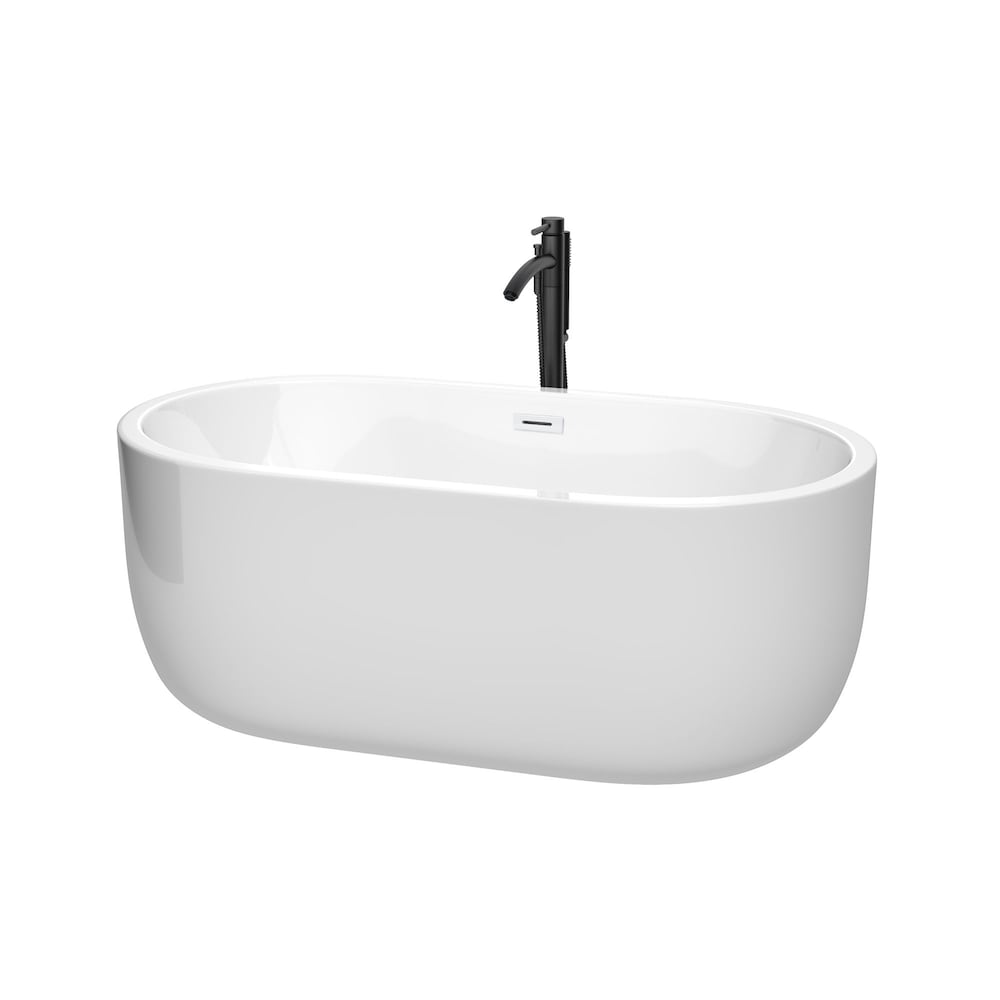 Baignoire autoportante Juliette de 60 pouces en blanc avec garniture blanche brillante et robinet en noir mat