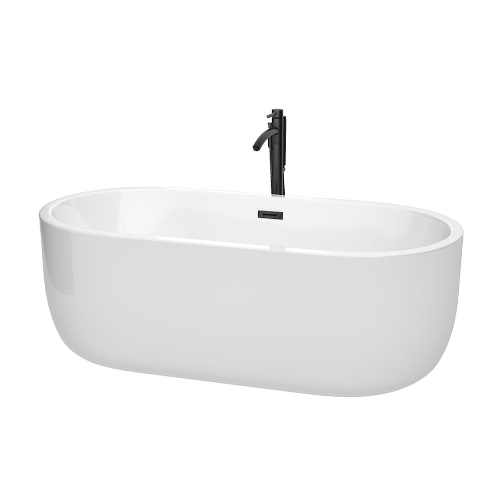 Baignoire autoportante Juliette de 67 pouces en blanc avec robinet, drain et garniture de trop-plein en noir mat