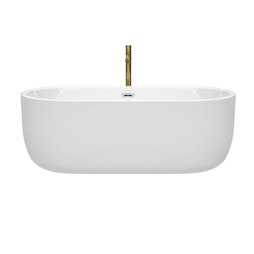 Baignoire autoportante Juliette de 67 pouces en blanc avec garniture en chrome poli et robinet en or brossé
