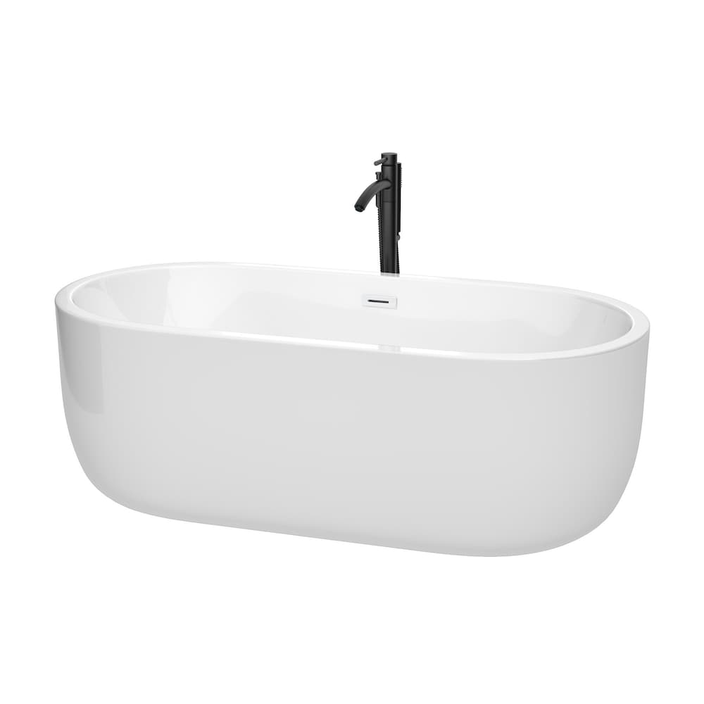 Baignoire autoportante Juliette de 67 pouces en blanc avec garniture blanche brillante et robinet en noir mat