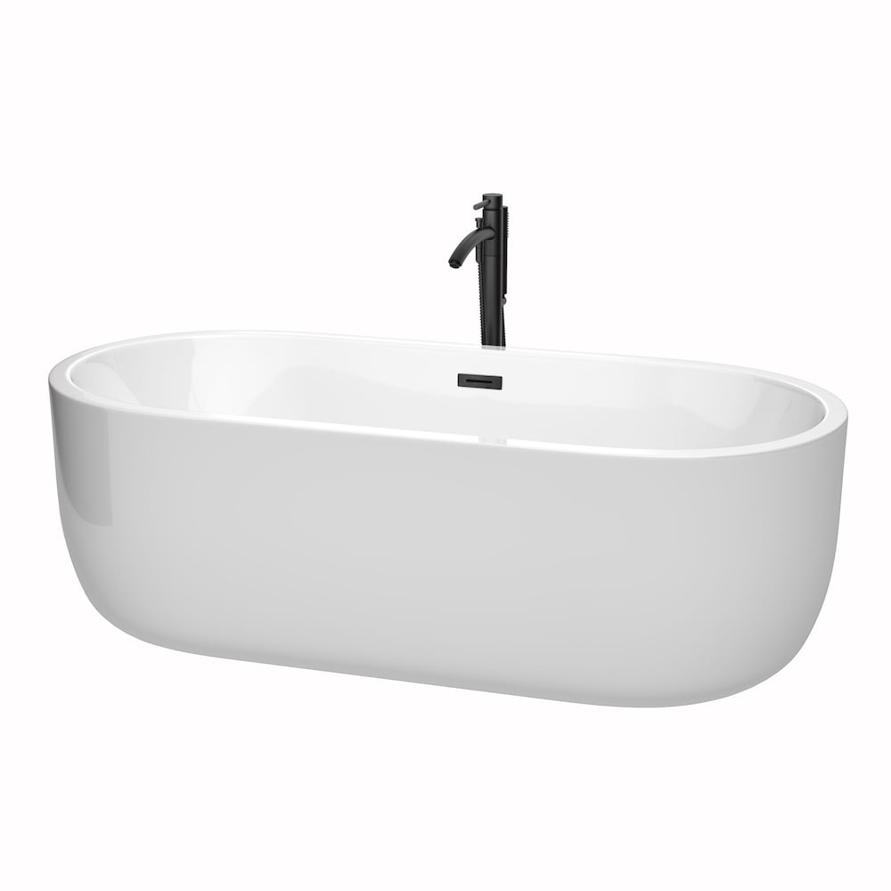 Baignoire autoportante Juliette de 71 pouces en blanc avec robinet, drain et garniture de trop-plein en noir mat