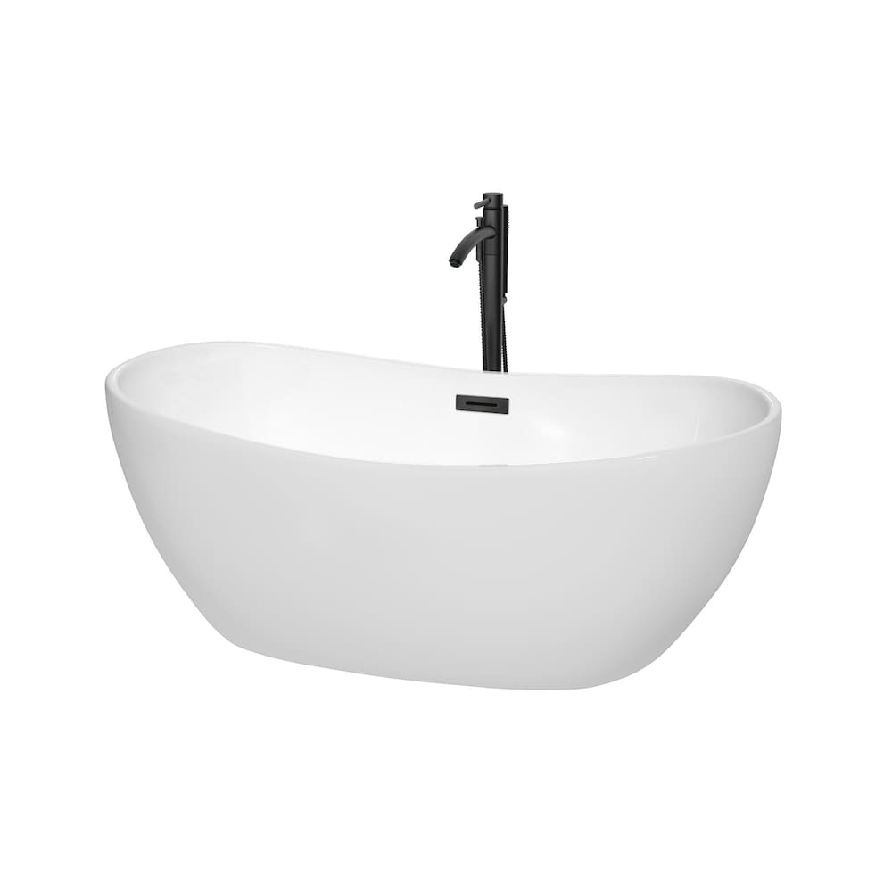 Rebecca 60 inch Freestanding Bathtub in White with Faucet, Drain and Overflow Trim in Matte Black