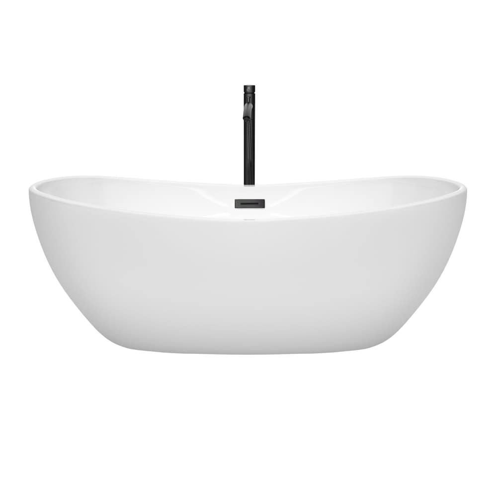Baignoire autoportante Rebecca de 65 pouces en blanc avec robinet, drain et garniture de trop-plein en noir mat