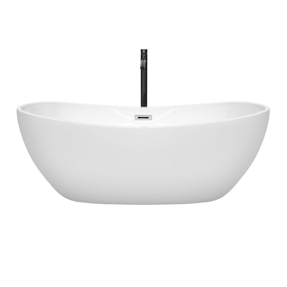 Baignoire autoportante Rebecca de 65 pouces en blanc avec garniture en chrome poli et robinet en noir mat