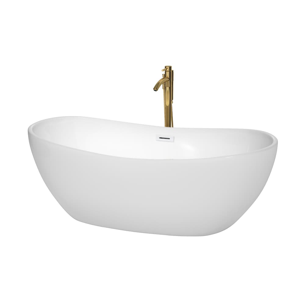 Rebecca 65 inch Freestanding Bathtub in White with Shiny White Trim and Faucet in Brushed Gold