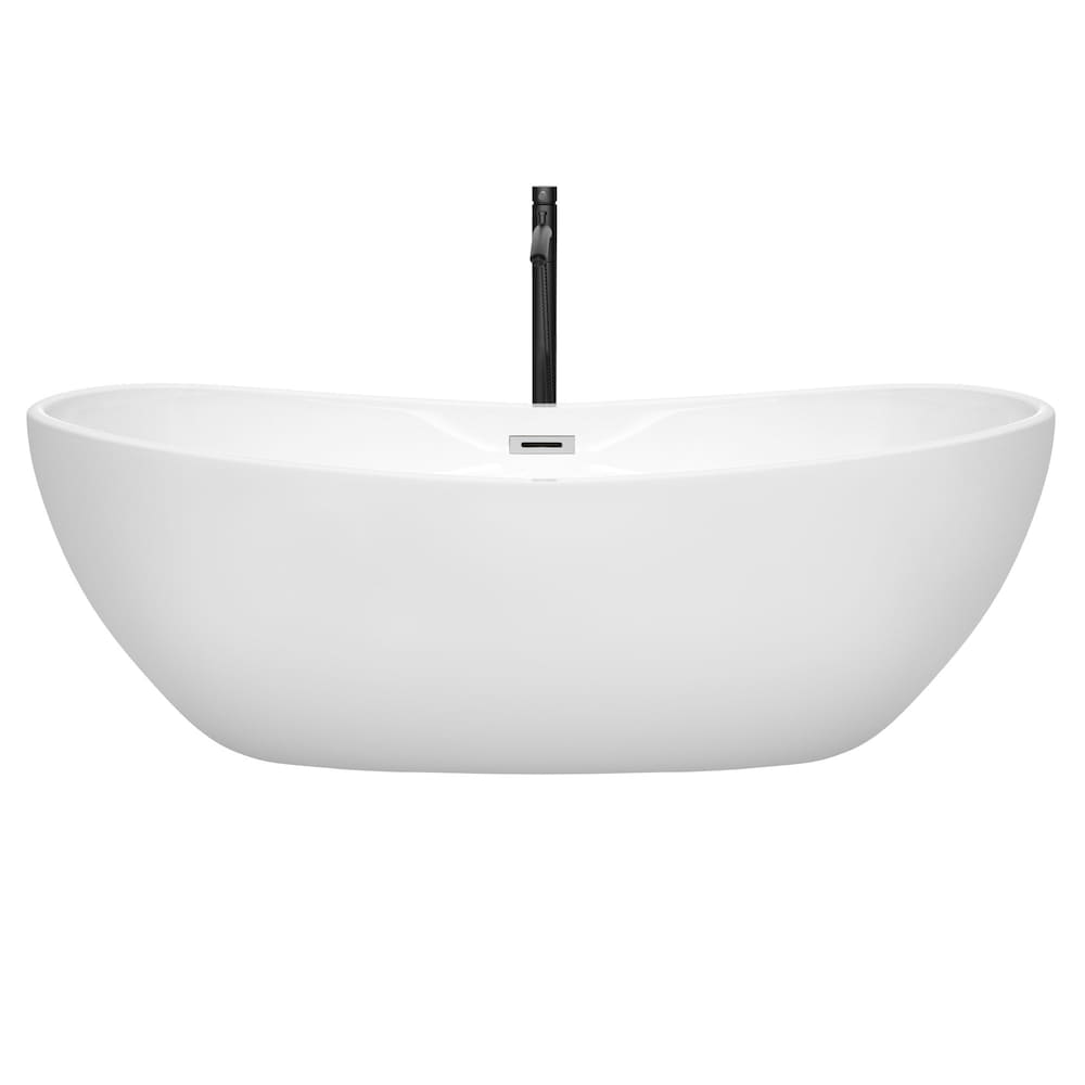 Rebecca 70 inch Freestanding Bathtub in White with Polished Chrome Trim and Faucet in Matte Black