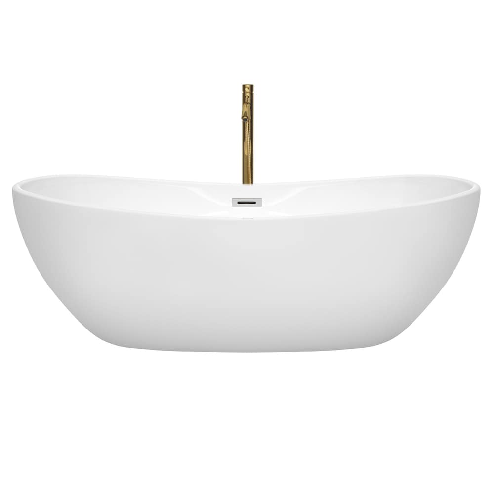 Rebecca 70 inch Freestanding Bathtub in White with Polished Chrome Trim and Faucet in Brushed Gold