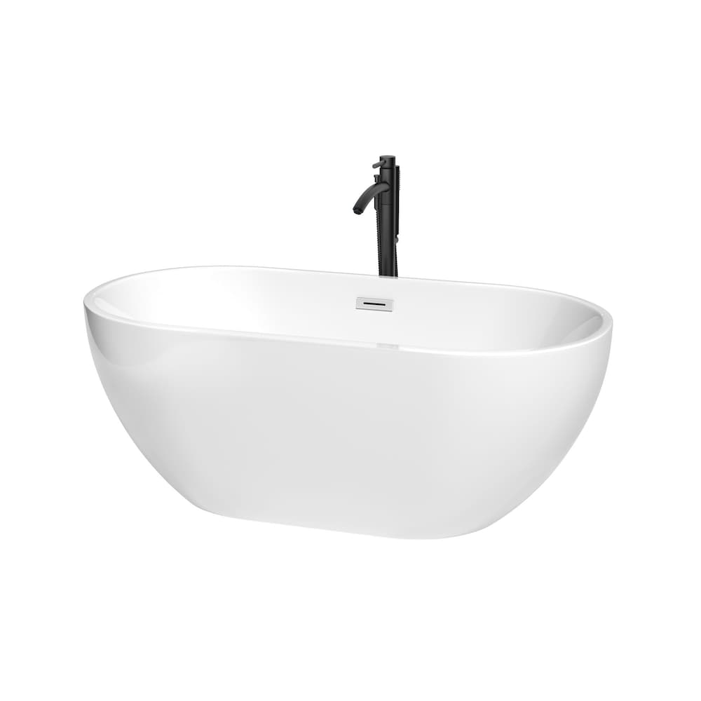 Brooklyn 60 inch Freestanding Bathtub in White with Polished Chrome Trim and Faucet in Matte Black