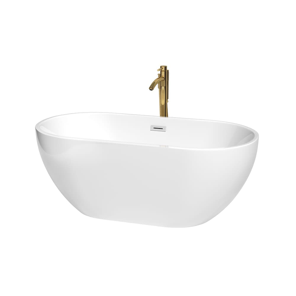 Baignoire autoportante Brooklyn de 60 pouces en blanc avec garniture en chrome poli et robinet en or brossé