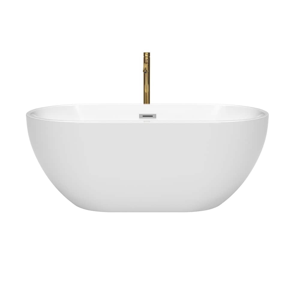 Baignoire autoportante Brooklyn de 60 pouces en blanc avec garniture en chrome poli et robinet en or brossé