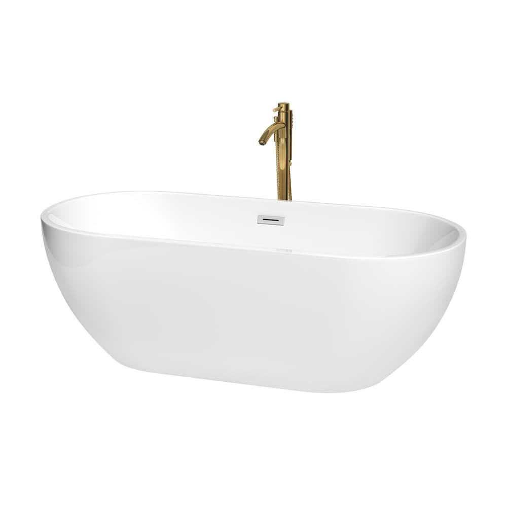 Brooklyn 67 inch Freestanding Bathtub in White with Polished Chrome Trim and Faucet in Brushed Gold
