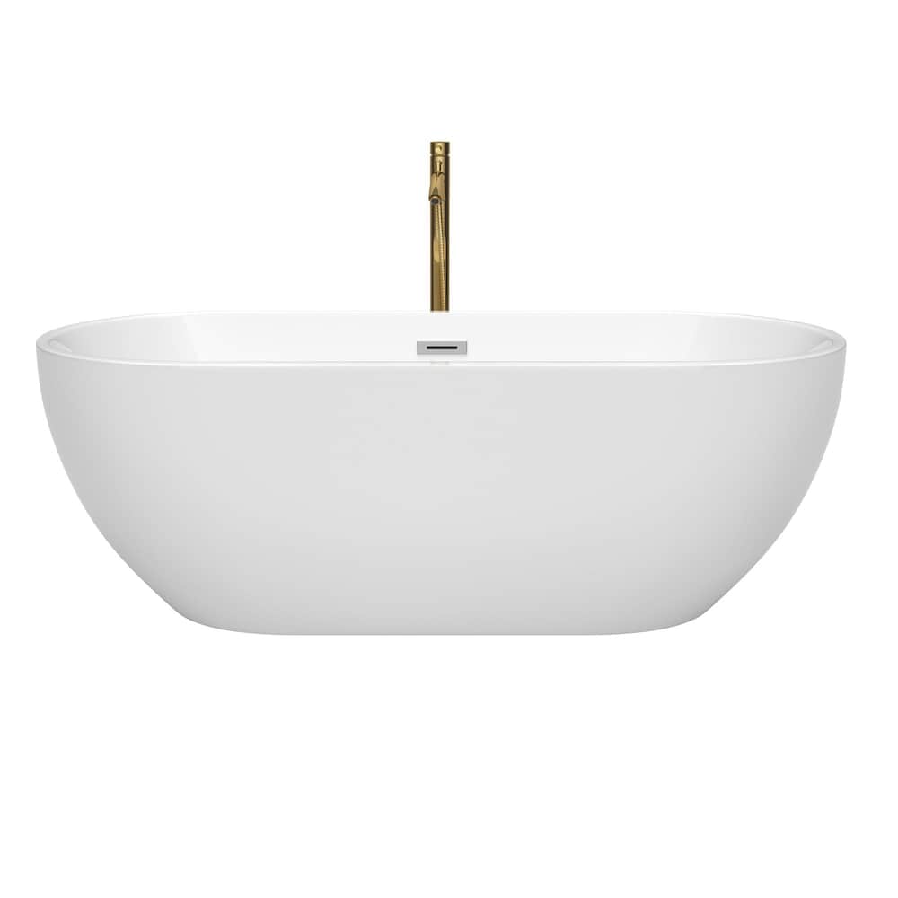 Baignoire autoportante Brooklyn de 67 pouces en blanc avec garniture en chrome poli et robinet en or brossé