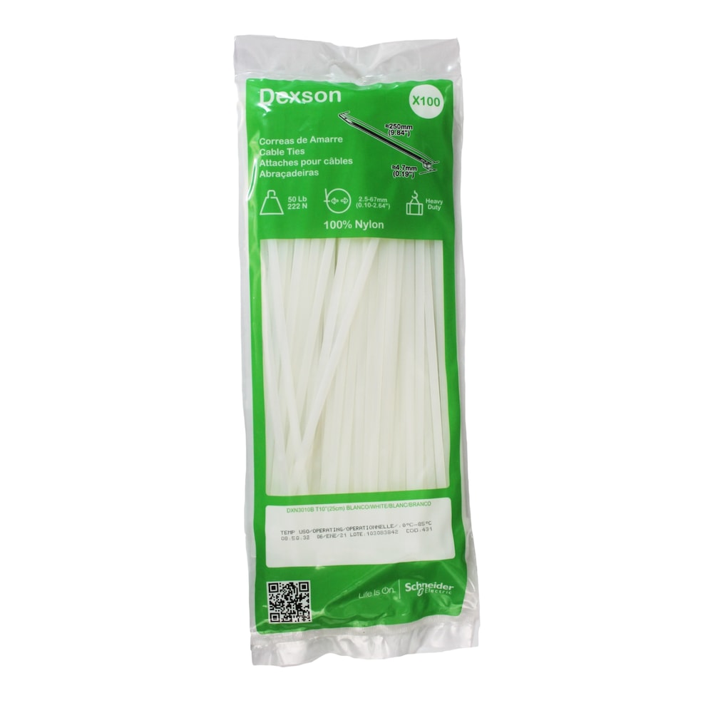 Attaches de câble robustes Dexson, 25 cm x 4,8 mm, blanc (paquet de 100)