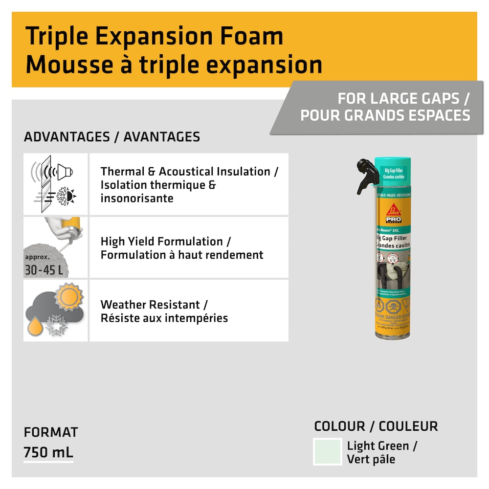 Sika Boom -130 3XL, 30 oz, Large Expansion Spray Foam for Interior and Exterior Insulation, 690g
