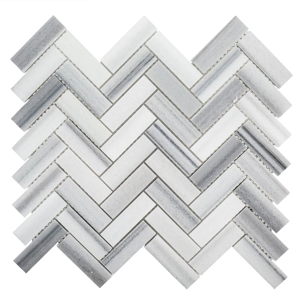 Zebra Plains Gray 13 in x 12 in. x 10mm Herringbone Polished Marble Wall and Floor Mosaic Tile