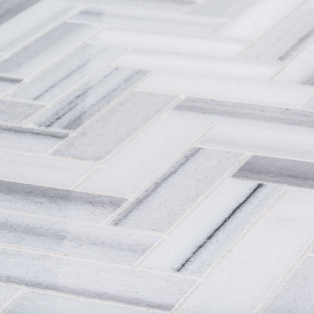 Zebra Plains Gray 13 in x 12 in. x 10mm Herringbone Polished Marble Wall and Floor Mosaic Tile