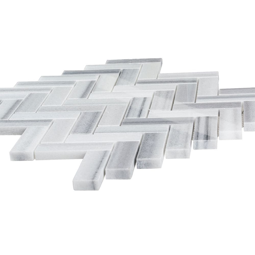 Zebra Plains Gray 13 in x 12 in. x 10mm Herringbone Polished Marble Wall and Floor Mosaic Tile
