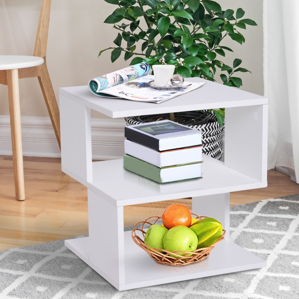 Table d'appoint carrée moderne à 2 niveaux pour café, étagère de rangement pour salon, blanche