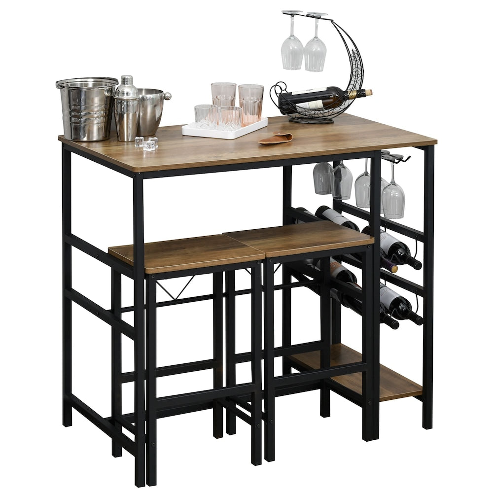 Ensemble de bar bistrot 3 pièces HOMCOM avec casier à vin, porte-gobelet et cadre en métal