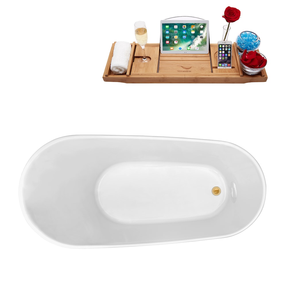 59 inch Streamline N820-IN-GLD Soaking Freestanding Bathtub and Tray with Internal Drain