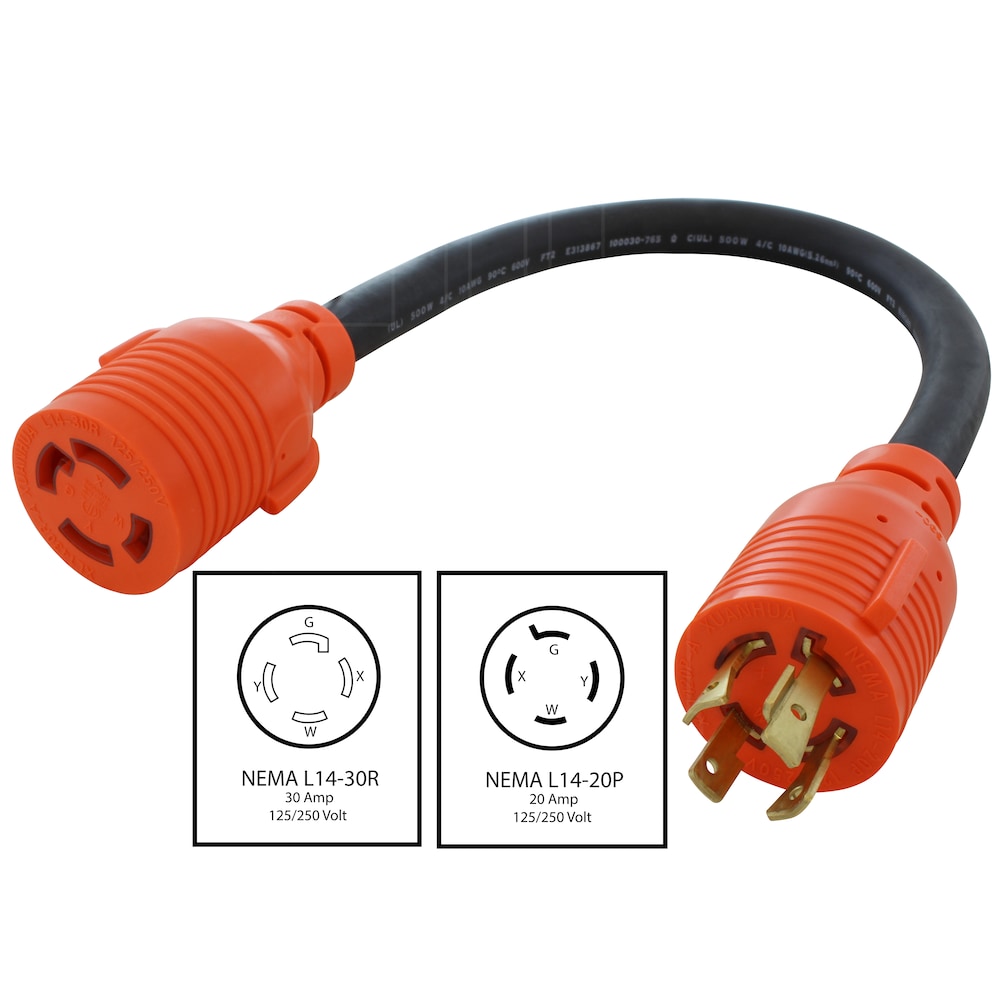 1.5ft 20A 4-Prong 125/250V L14-20P Plug to L14-30R 30A 4-Prong 125/250V Connector