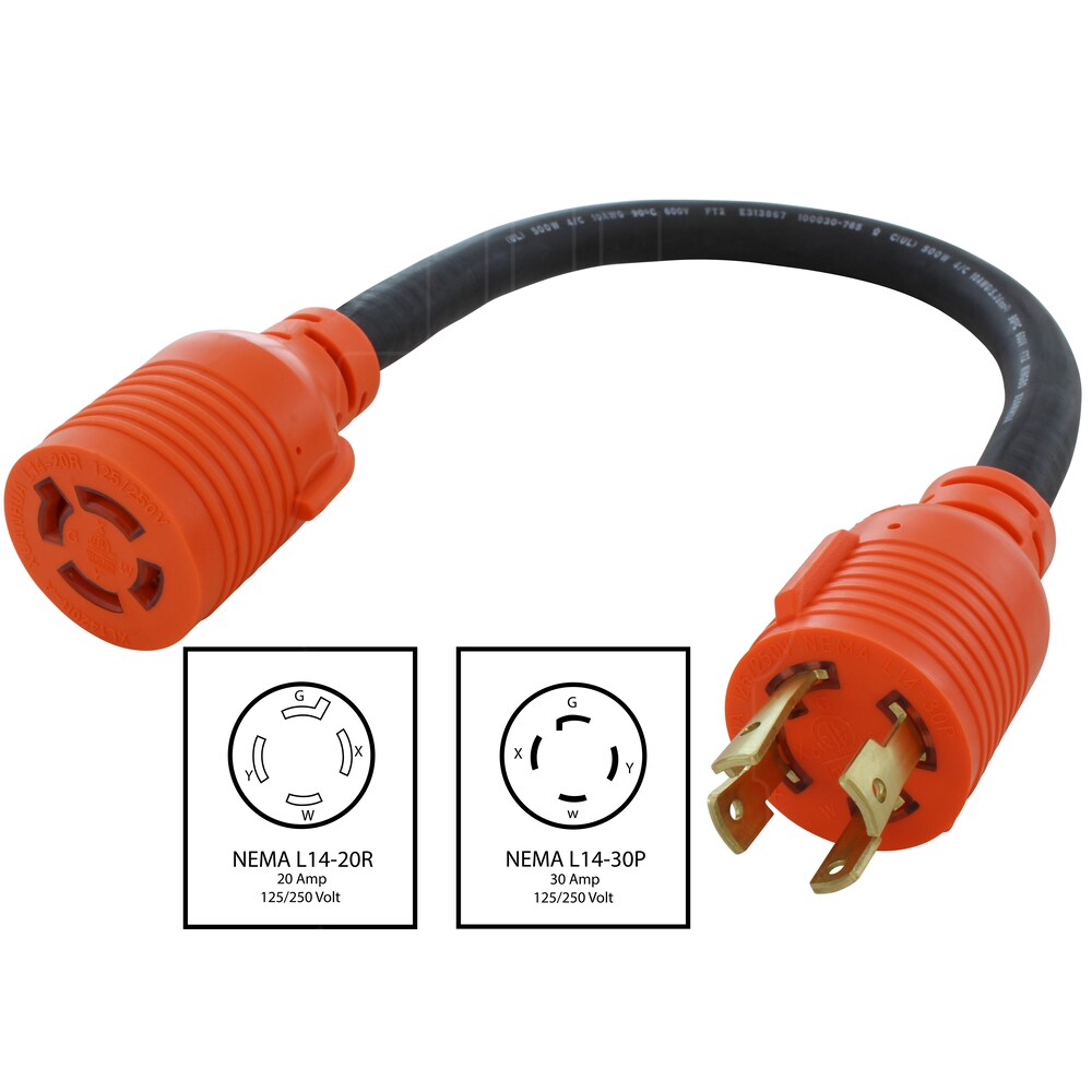 1.5ft 30A 4-Prong 125/250V L14-30P Plug to L14-20R 20A 4-Prong 125/250V Connector