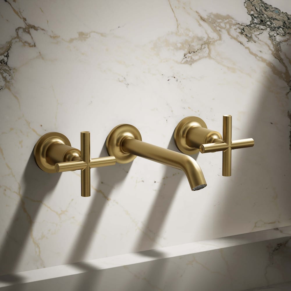 Purist 2-Handle Wall-Mount Bathroom Sink Faucet, with Cross Handles in Moderene Brass (Requires Valve)