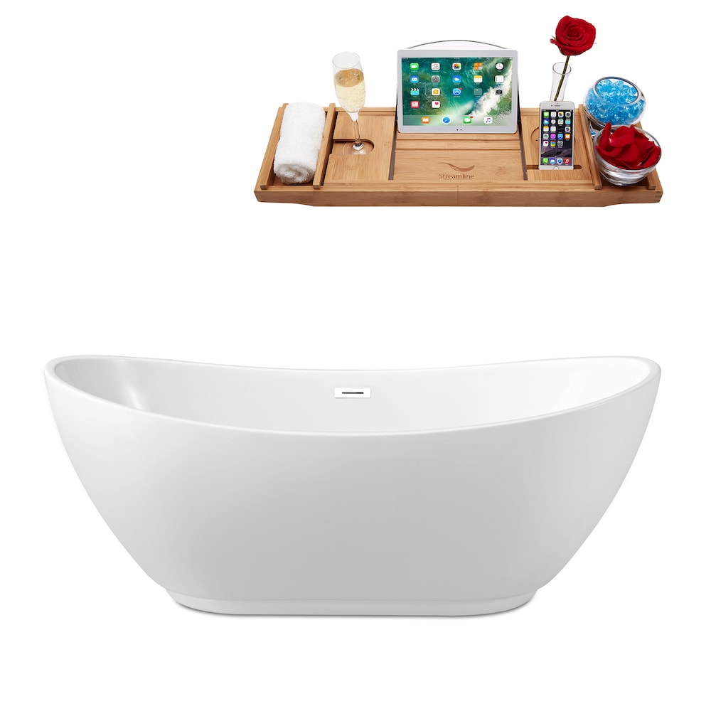 62 inch Streamline N580WH Soaking Freestanding Bathtub and Tray with Internal Drain
