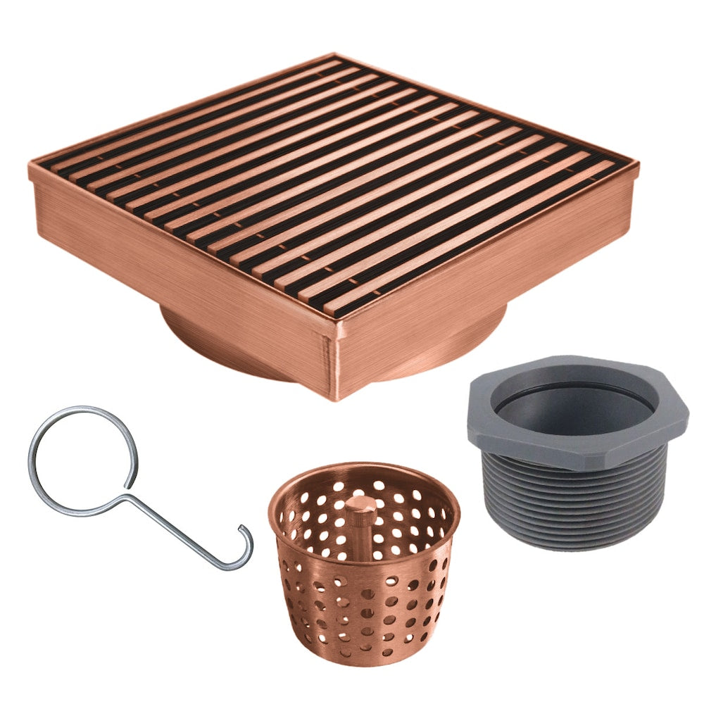 4 inch x 4 inch Rose Gold Square Shower Drain with Linear Pattern Drain Cover