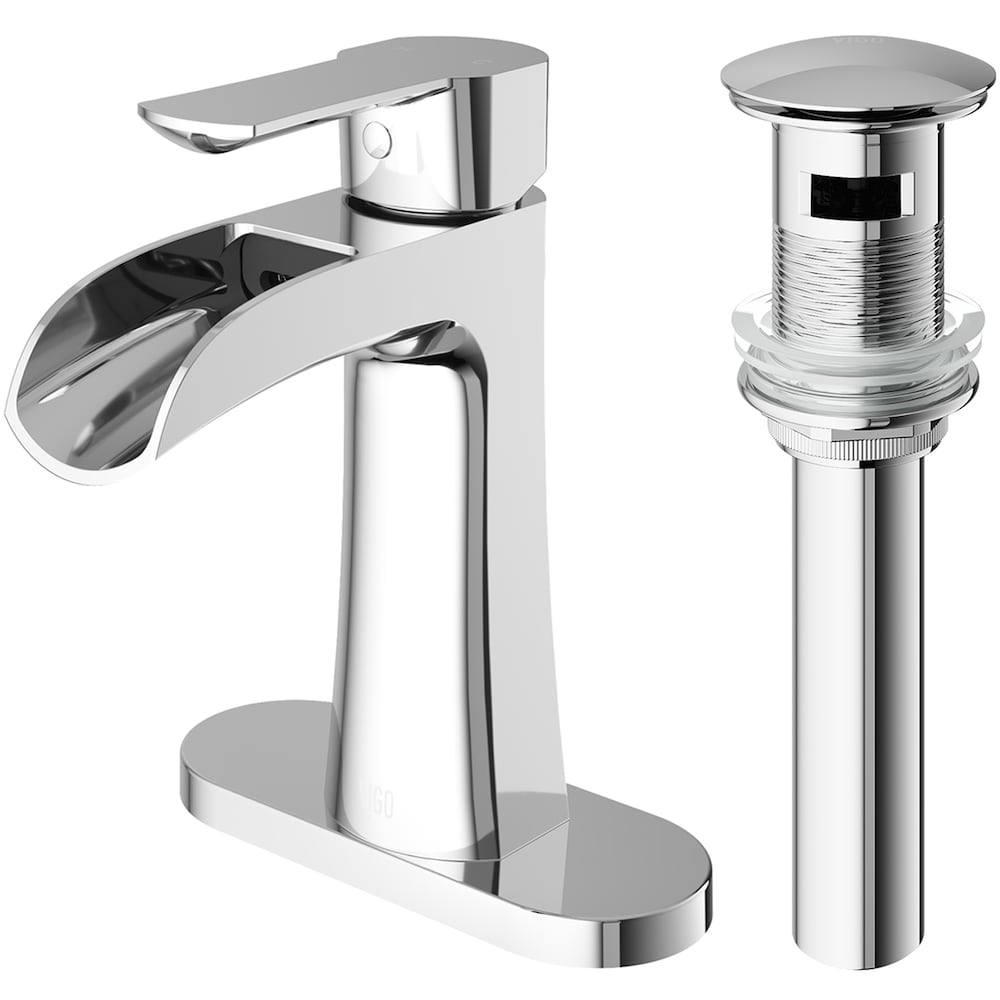 Robinet de salle de bain à cascade à poignée unique et trou unique Paloma avec plaque de pont et bonde escamotable en chrome