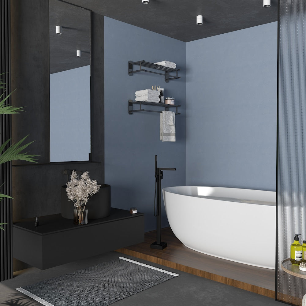 Robinet de baignoire autoportant à poignée unique avec douche à main en noir mat
