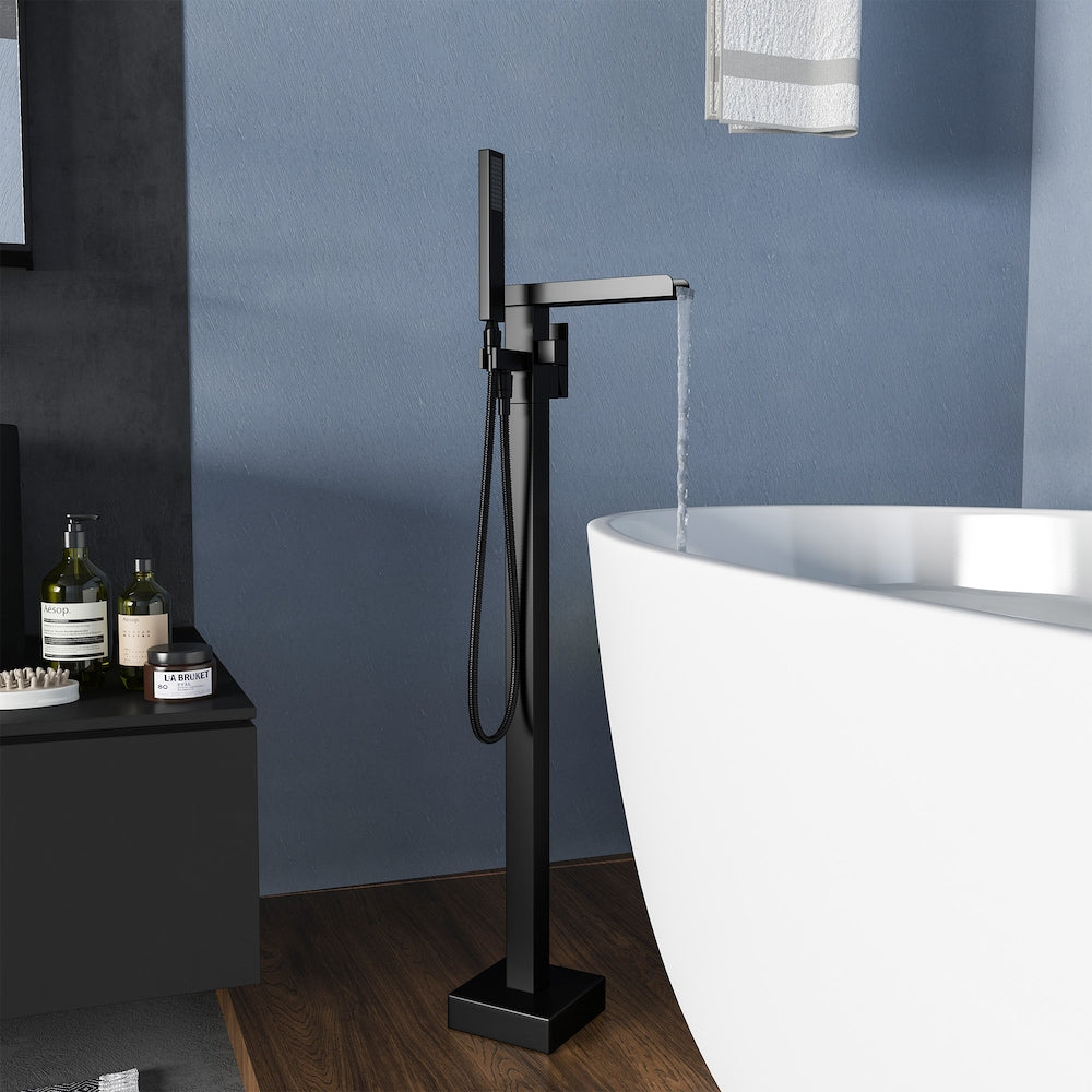 Robinet de baignoire autoportant à poignée unique avec douche à main en noir mat