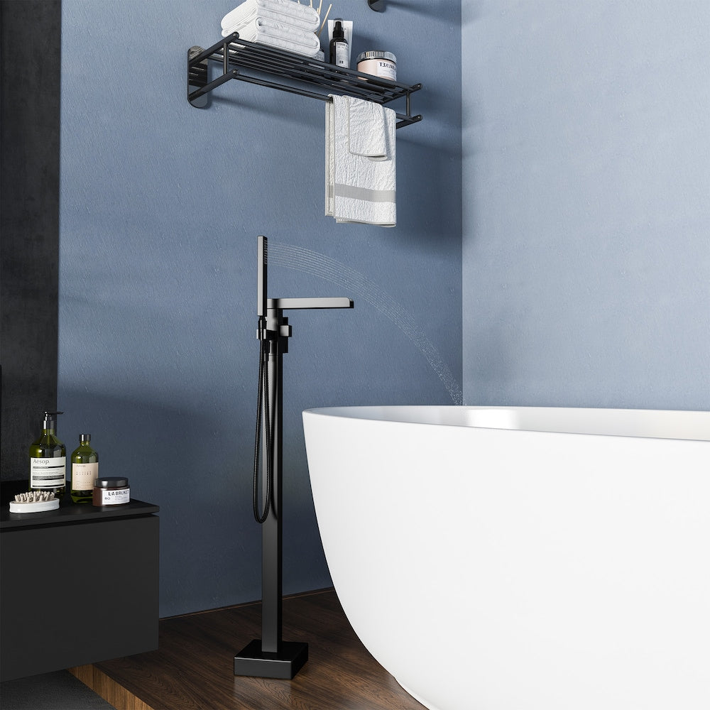 Robinet de baignoire autoportant à poignée unique avec douche à main en noir mat